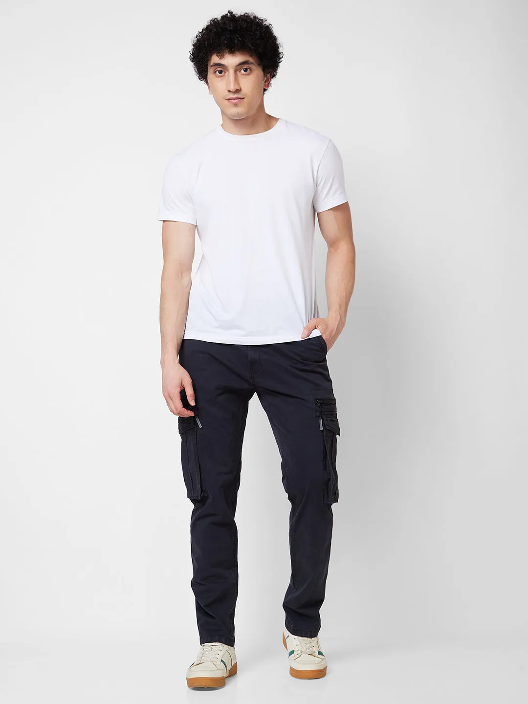 Spykar Mid Rise CARGO Blue Trousers For Men