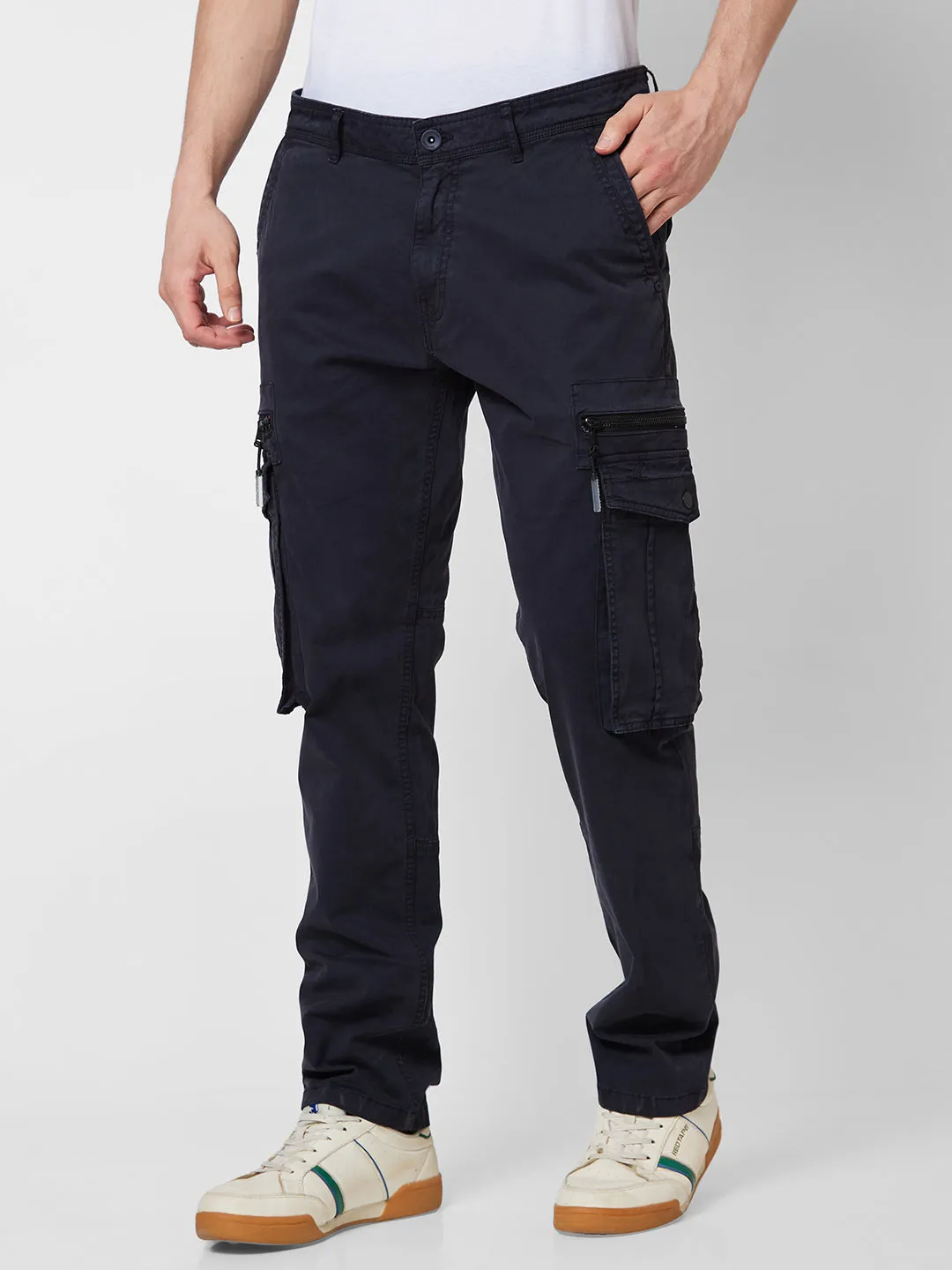 Spykar Mid Rise CARGO Blue Trousers For Men