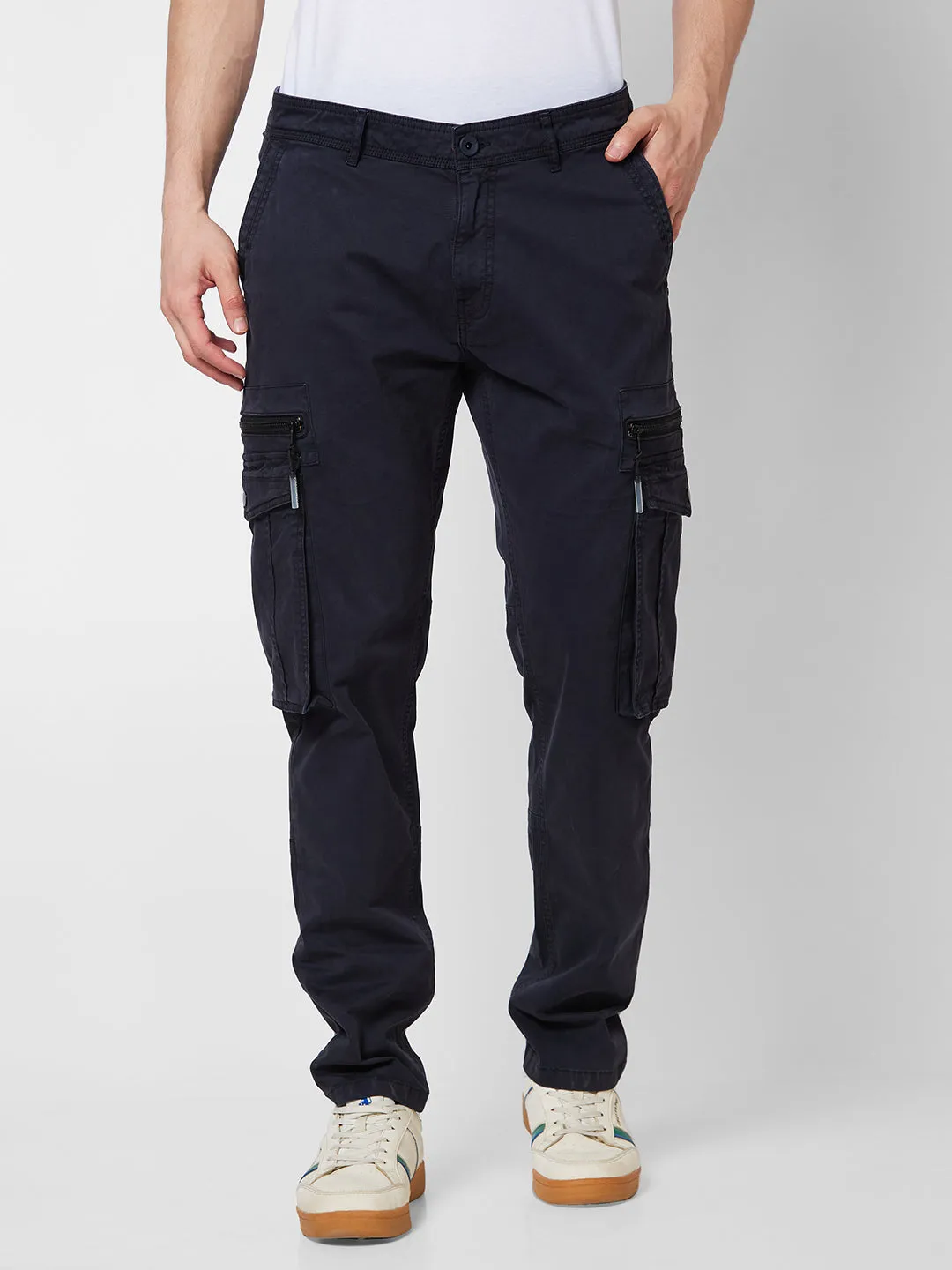 Spykar Mid Rise CARGO Blue Trousers For Men