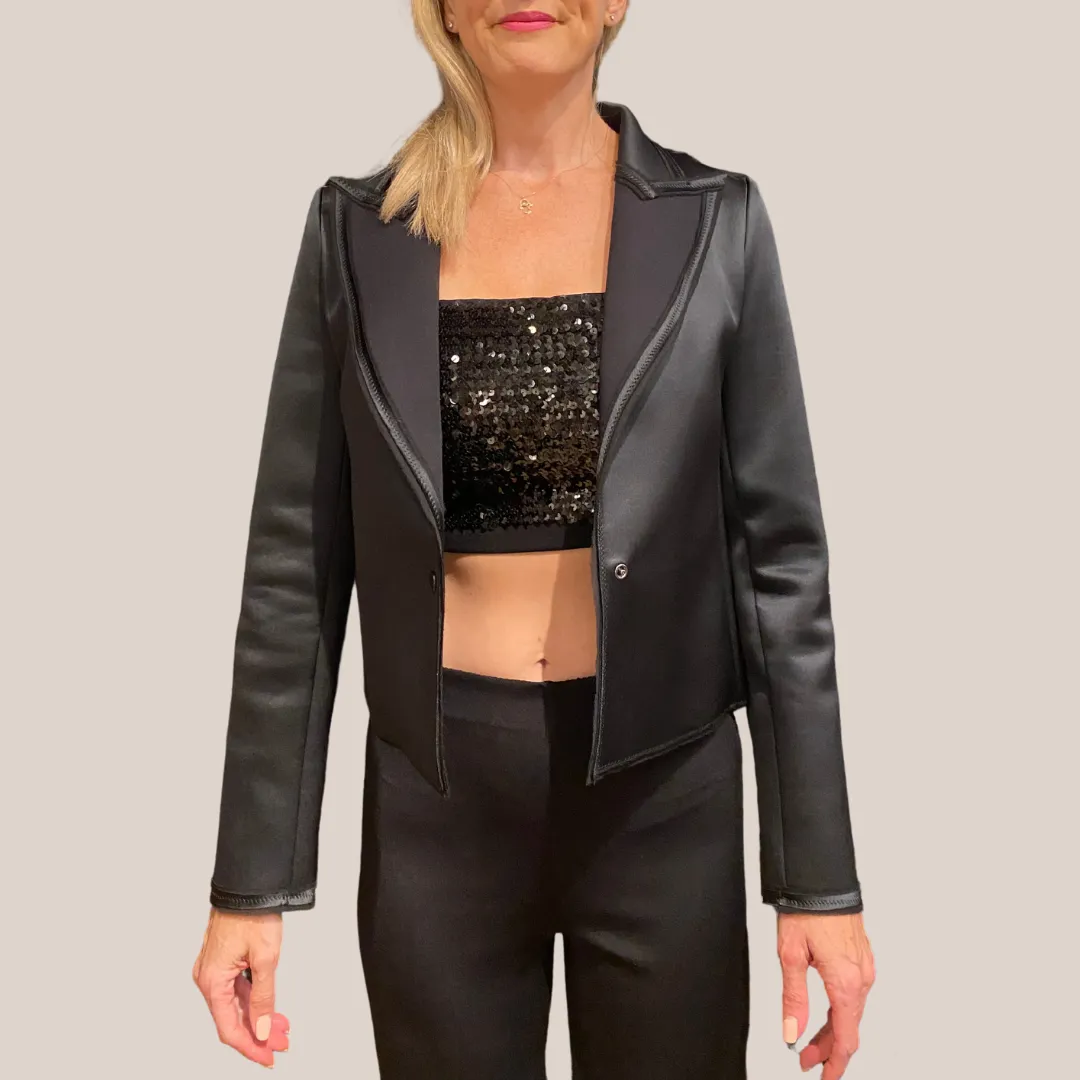 Stretch Jersey Snap Button Crop Blazer - Black