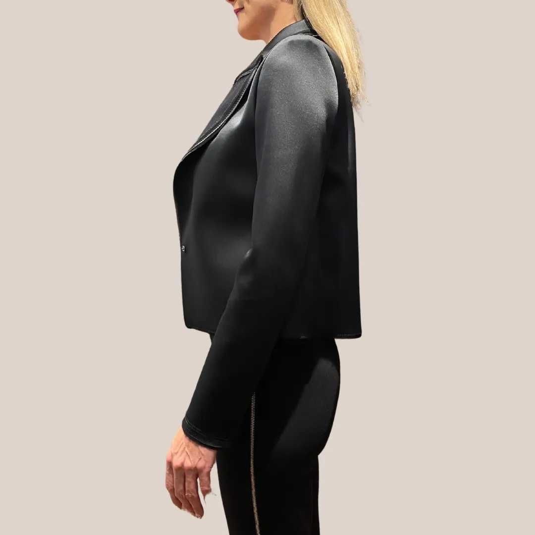 Stretch Jersey Snap Button Crop Blazer - Black