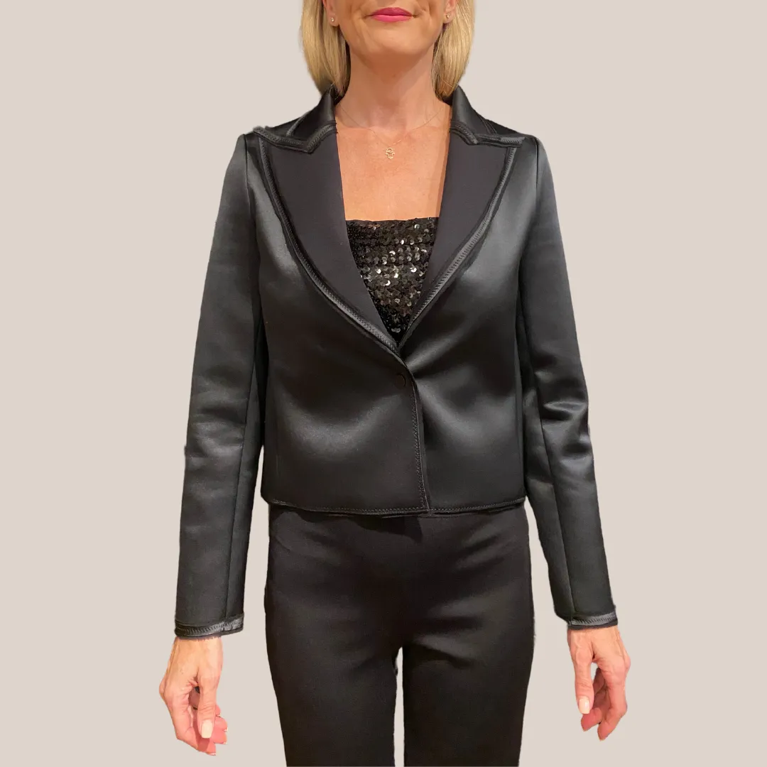 Stretch Jersey Snap Button Crop Blazer - Black