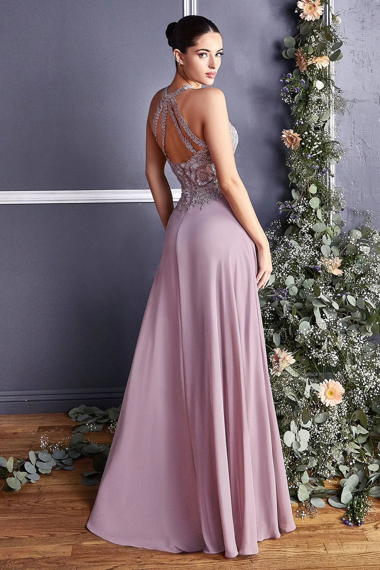 Stunning Long Gown with Embroidered Halter Top Neckline and Flowy Skirt #CDUJ0120