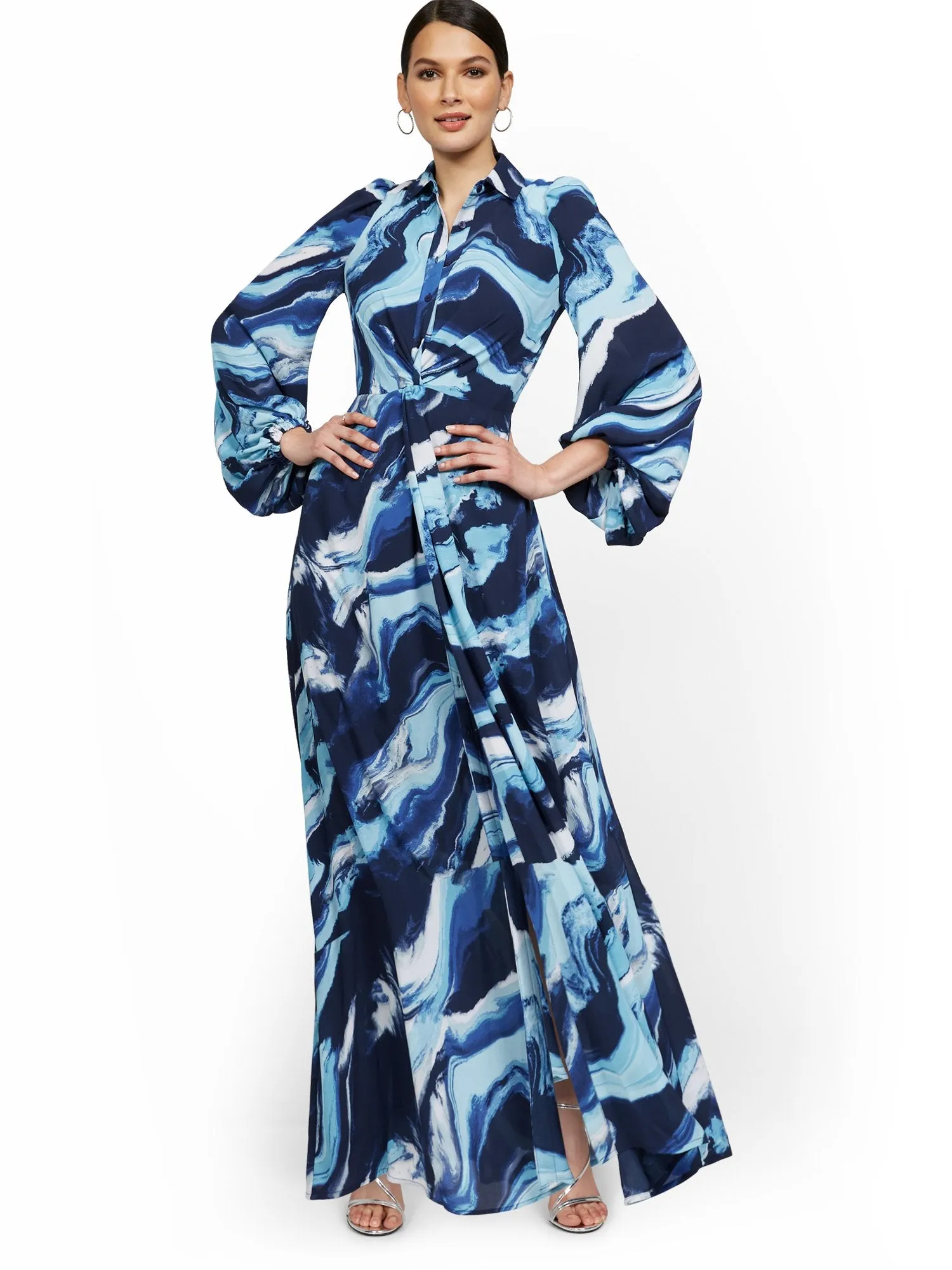 Tall Statement-Sleeve Twist-Front Maxi Shirtdress