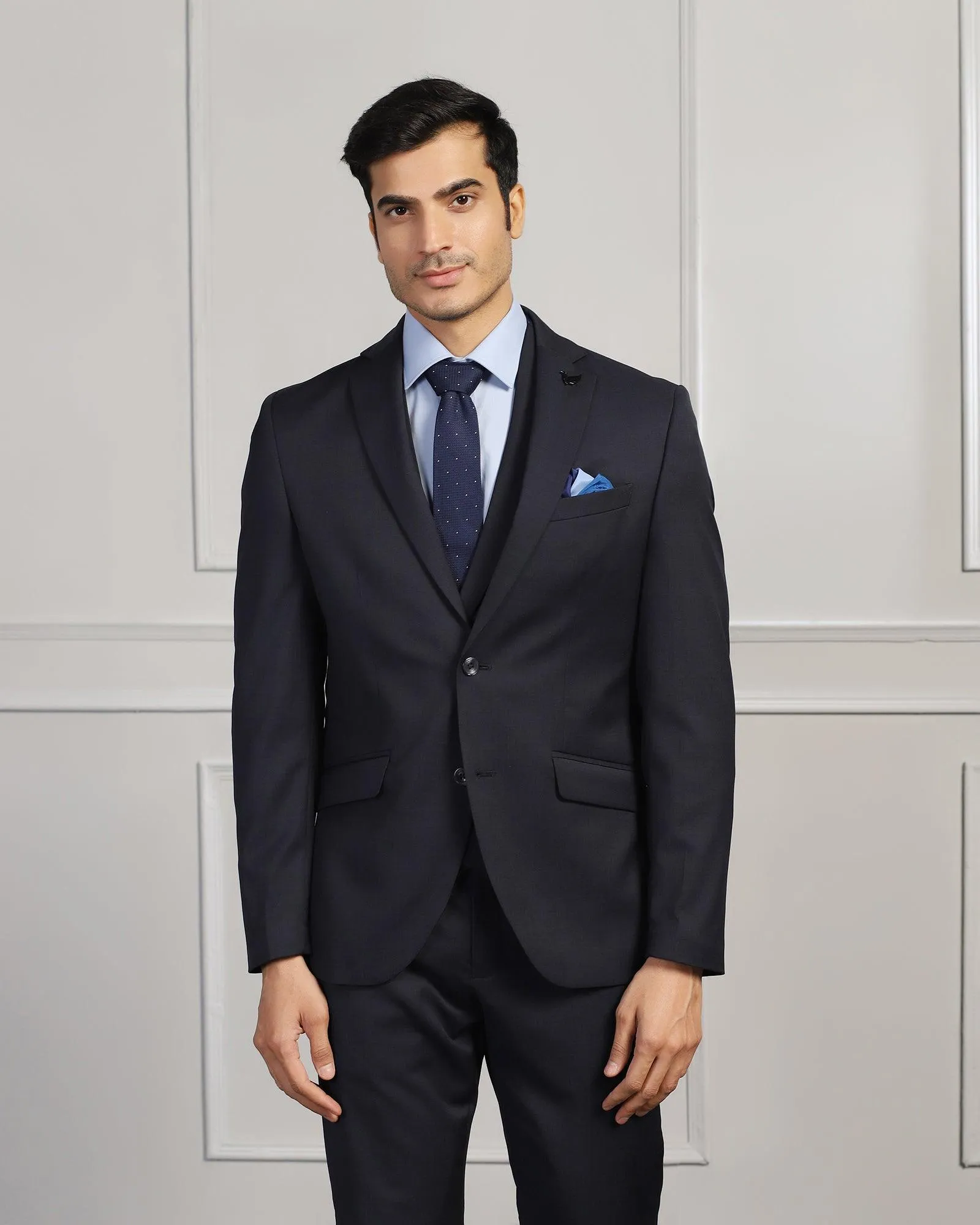 Three Piece Navy Solid Formal Suit - Beryl