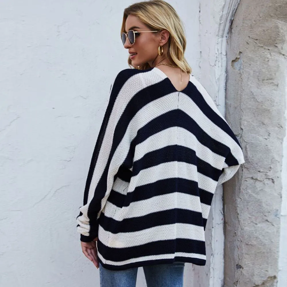 Trendy Contrast Black Striped Long Sleeve Open Front Oversized Cardigan