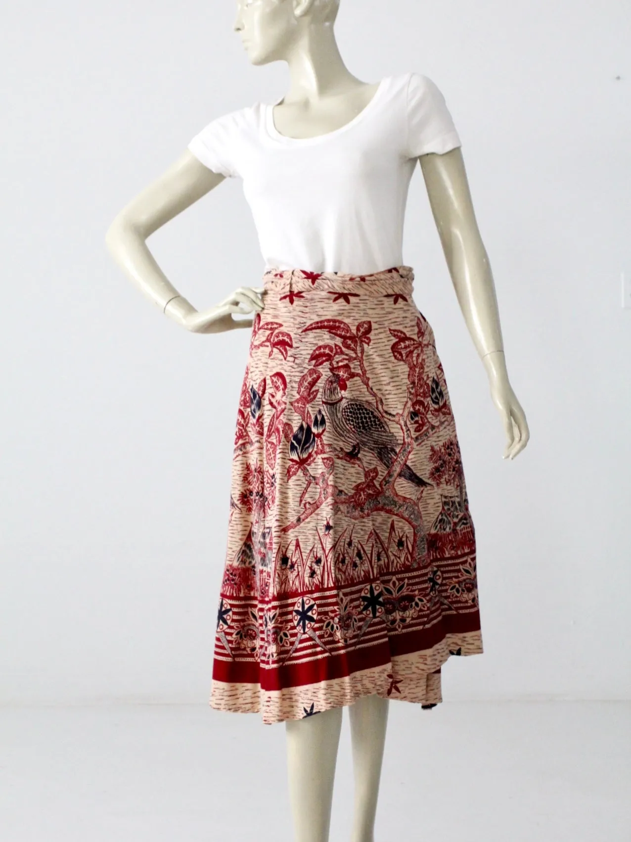 vintage 70s boho wrap skirt with bird print