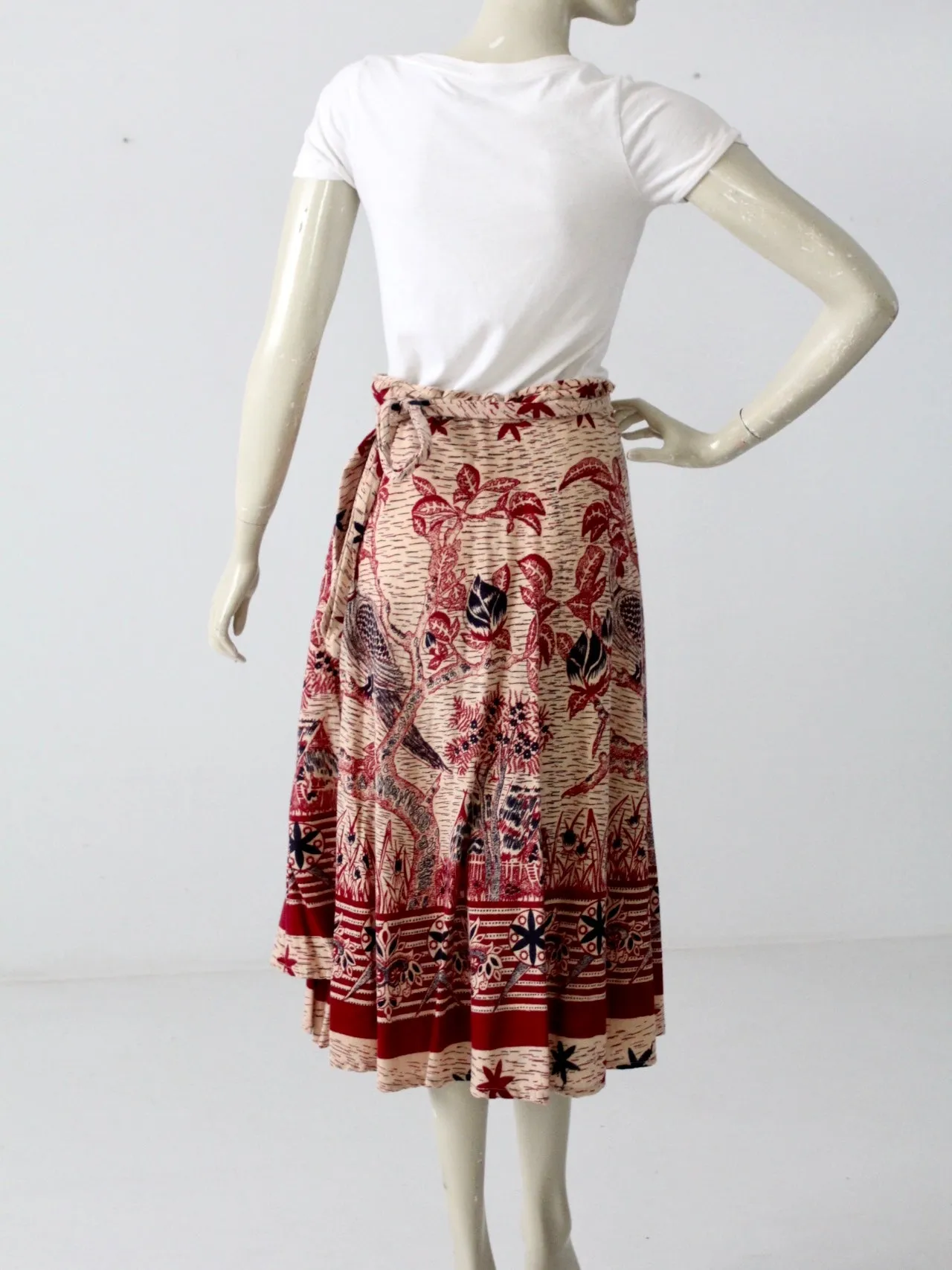 vintage 70s boho wrap skirt with bird print