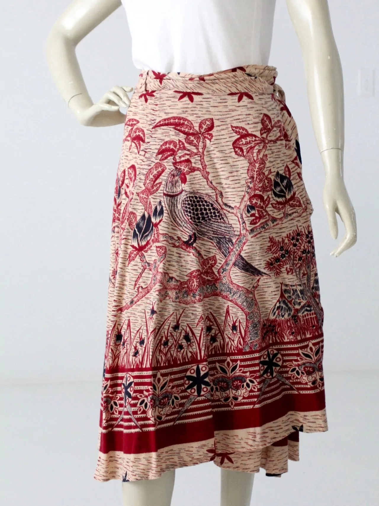 vintage 70s boho wrap skirt with bird print