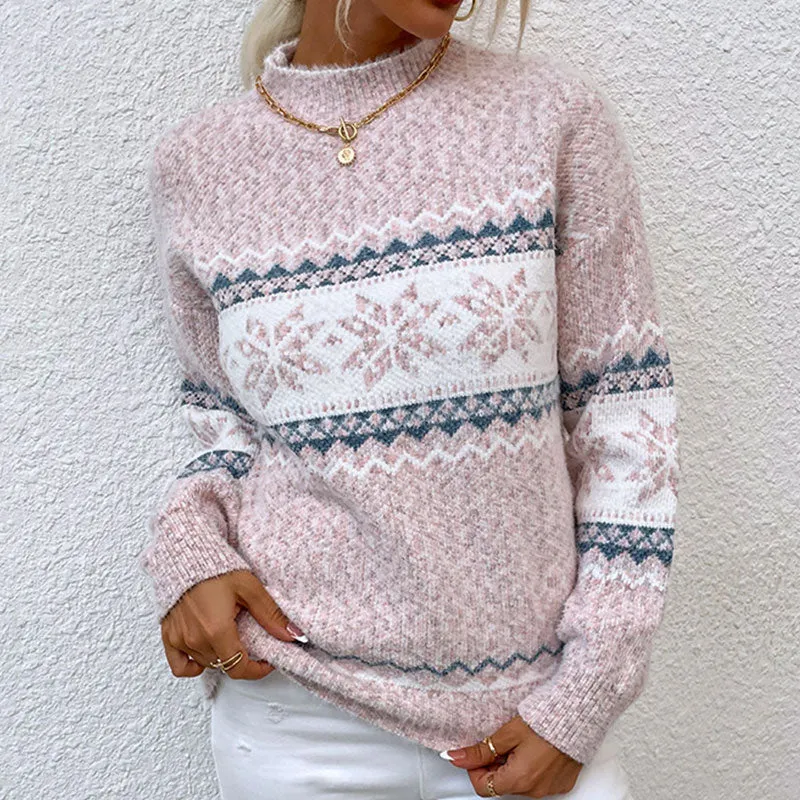 Vintage Mock Neck Long Sleeve Snowflake Pattern Nordic Fair Isle Sweater