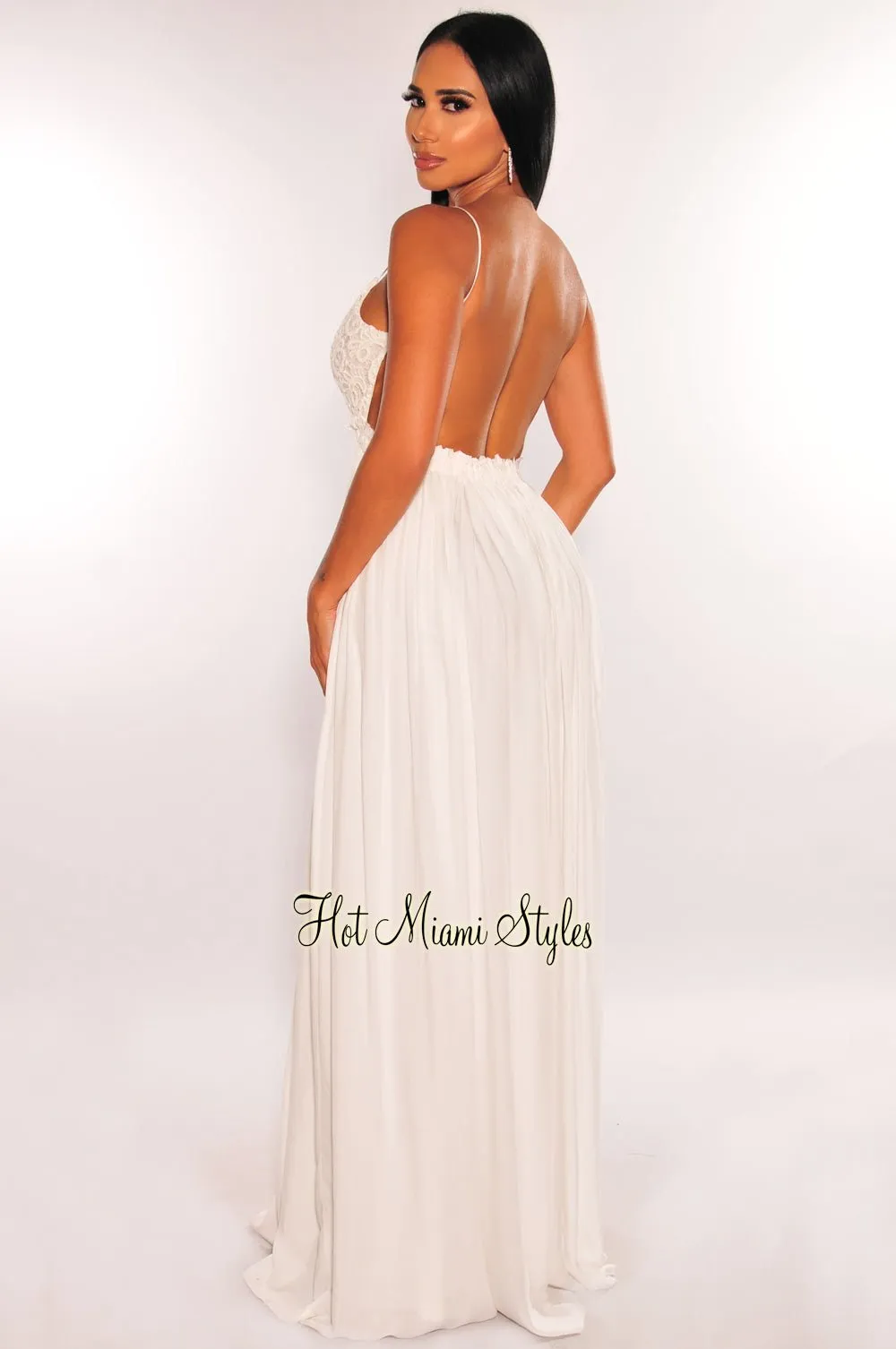 White Embroidered Crochet Spaghetti Strap Open Back Maxi Dress