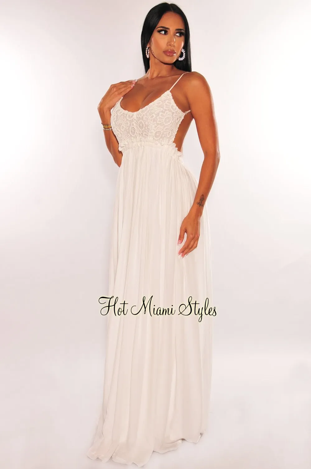 White Embroidered Crochet Spaghetti Strap Open Back Maxi Dress